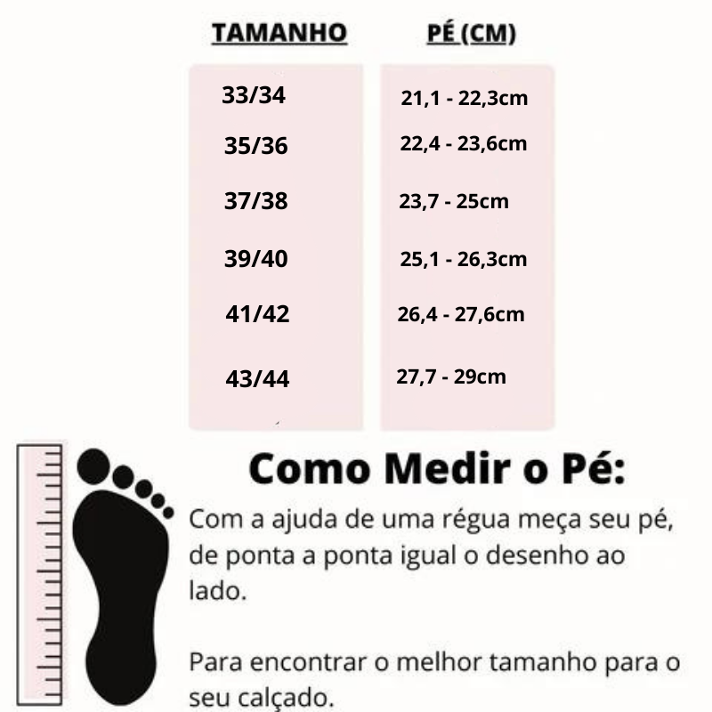 Tabela de medidas do chinelo