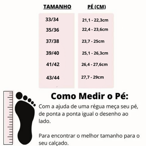 Tabela de medidas do chinelo